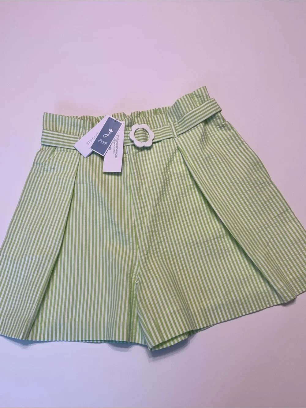 Jacadi Light Green and White Striped Paperbag Waist Shorts with Flower Buckle